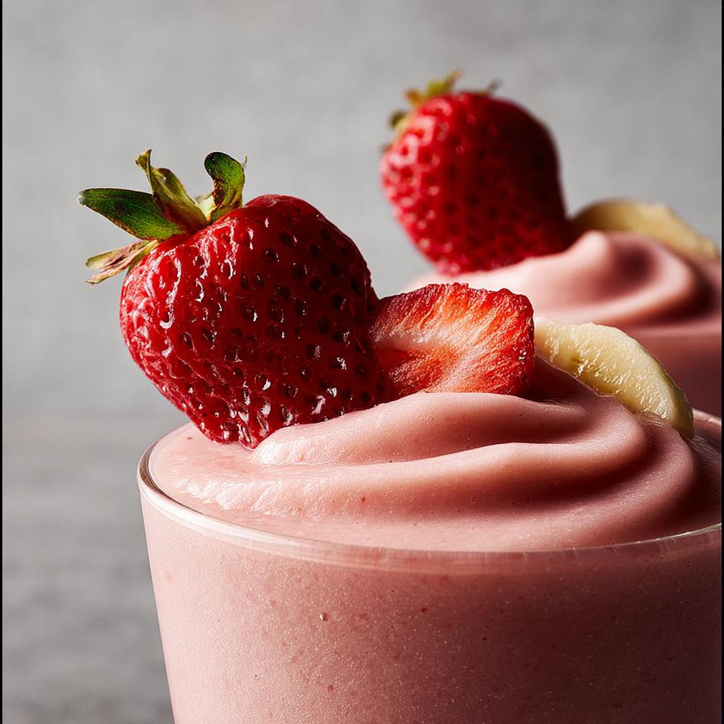 Close-up of a thick, pink Strawberry Banana Smoothie topped with fresh whole and sliced strawberries and banana pieces.