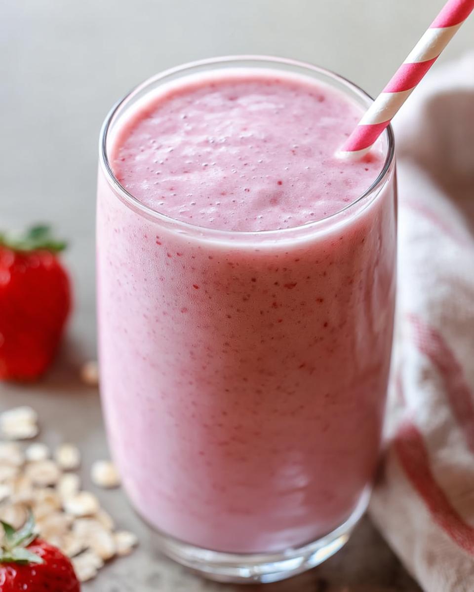 Close-up of a thick, pink Strawberry Oatmeal Smoothie in a glass with a striped straw.