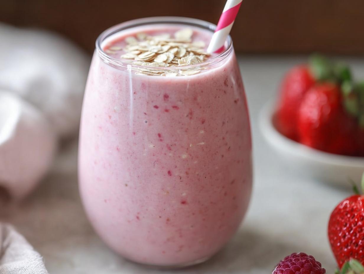 A close-up of a pink Strawberry Oatmeal Smoothie topped with rolled oats and a striped straw.