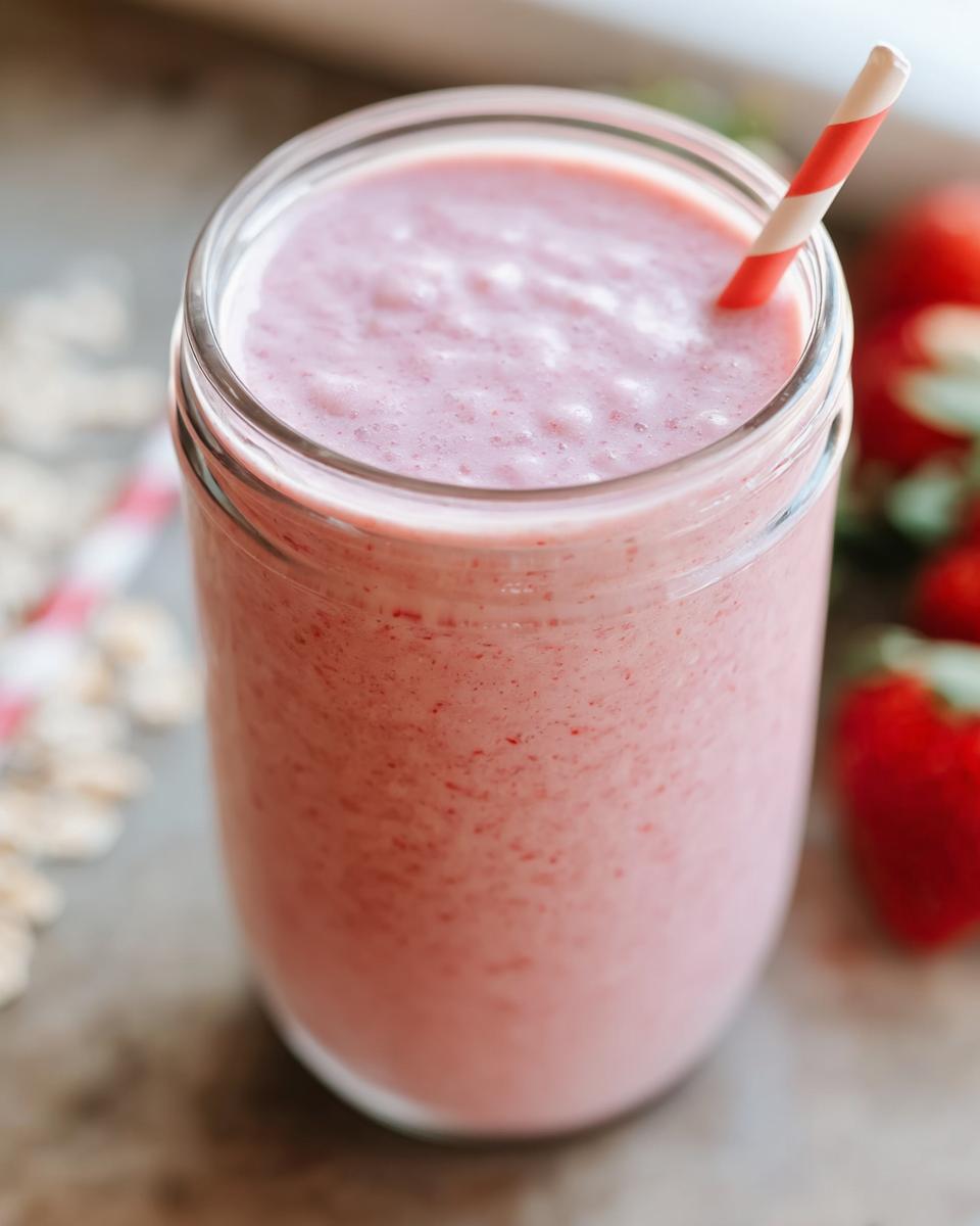 A close-up of a creamy pink Strawberry Oatmeal Smoothie served in a glass jar with a red and white striped straw.