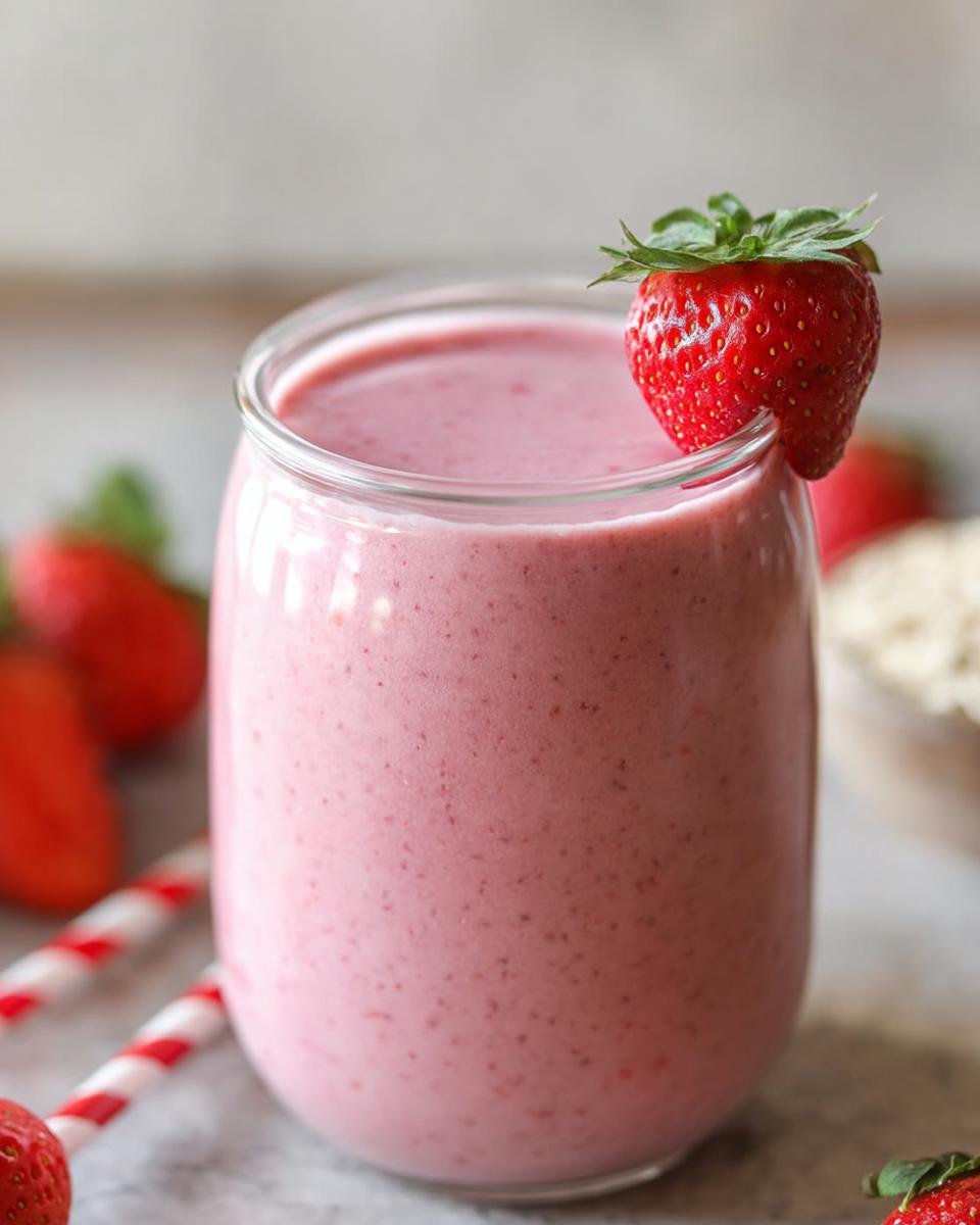 Close-up of a thick, pink Strawberry Oatmeal Smoothie garnished with a fresh strawberry on the rim.
