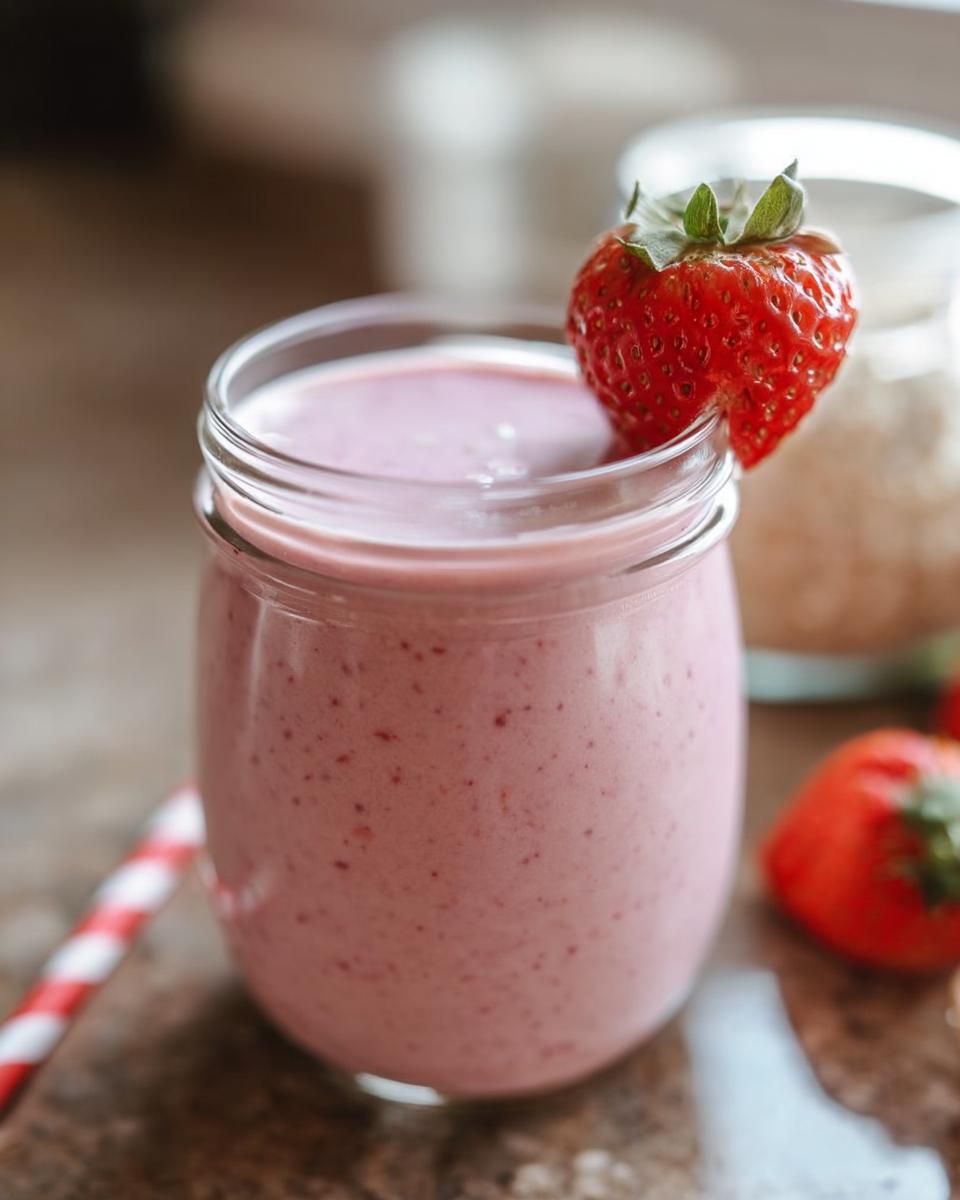 A close-up of a pink Strawberry Oatmeal Smoothie in a glass jar, garnished with a fresh strawberry.
