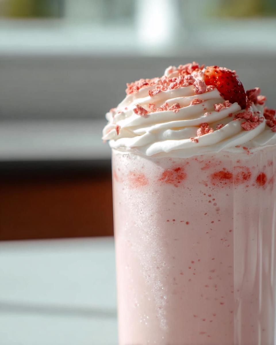 A refreshing strawberry Starbucks drink with whipped cream and strawberry pieces, perfect for a quick weeknight win.
