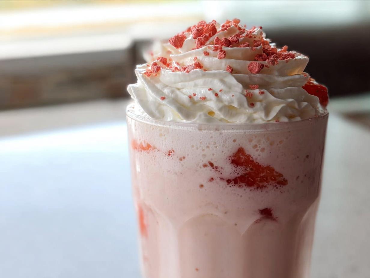 Close-up of a pink strawberry Starbucks drink topped with whipped cream and red sprinkles.