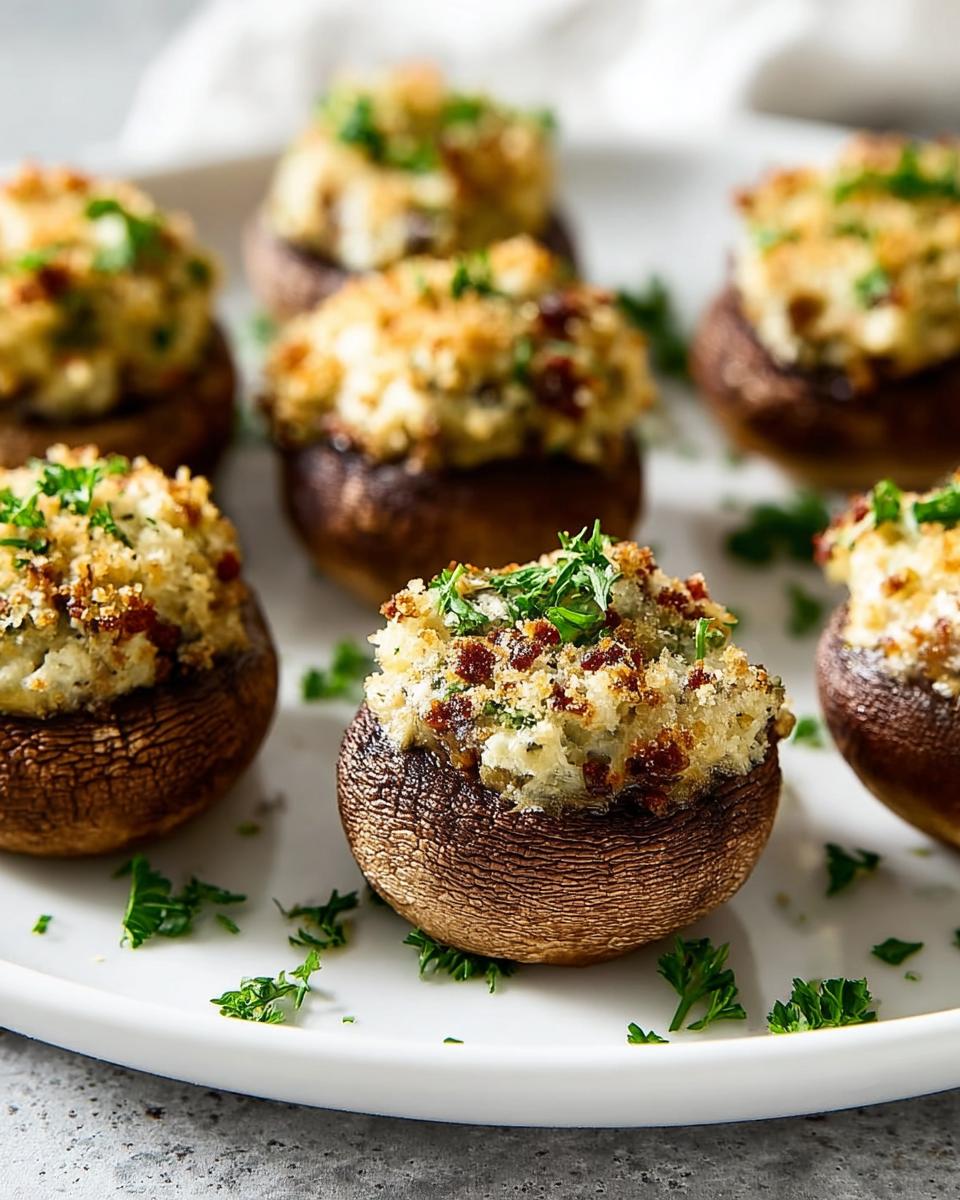 Close-up of several baked Stuffed Mushrooms with golden breadcrumb topping and fresh parsley garnish.