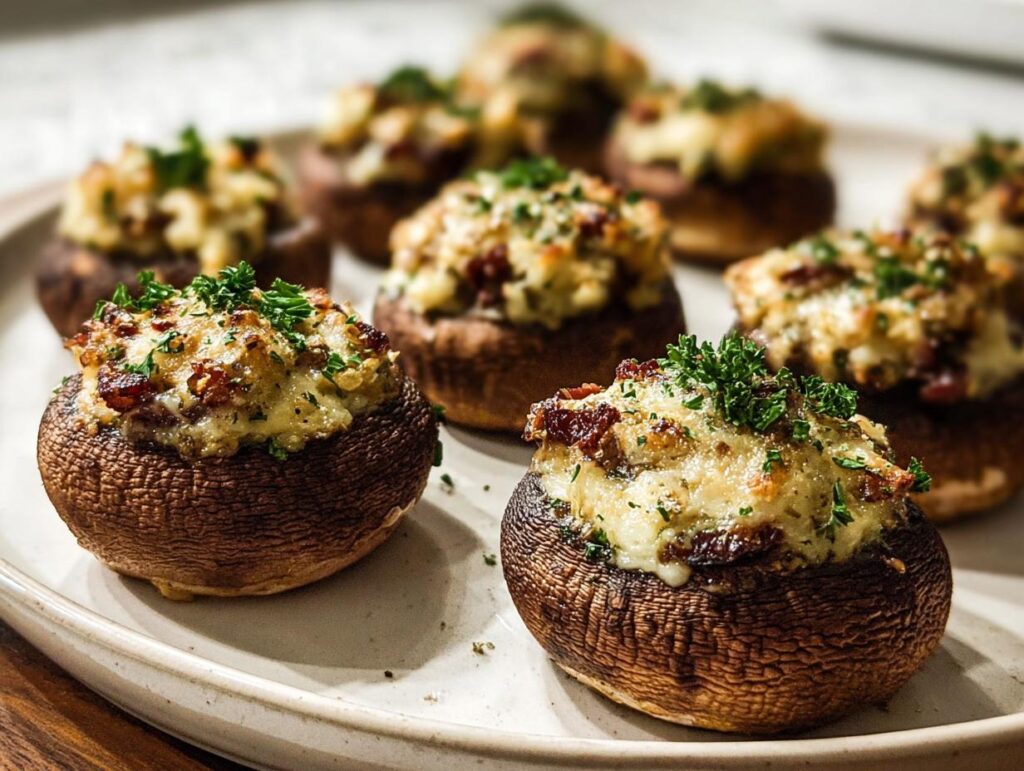 Close-up of freshly baked Stuffed Mushrooms (Make Ahead) topped with melted cheese and fresh parsley.