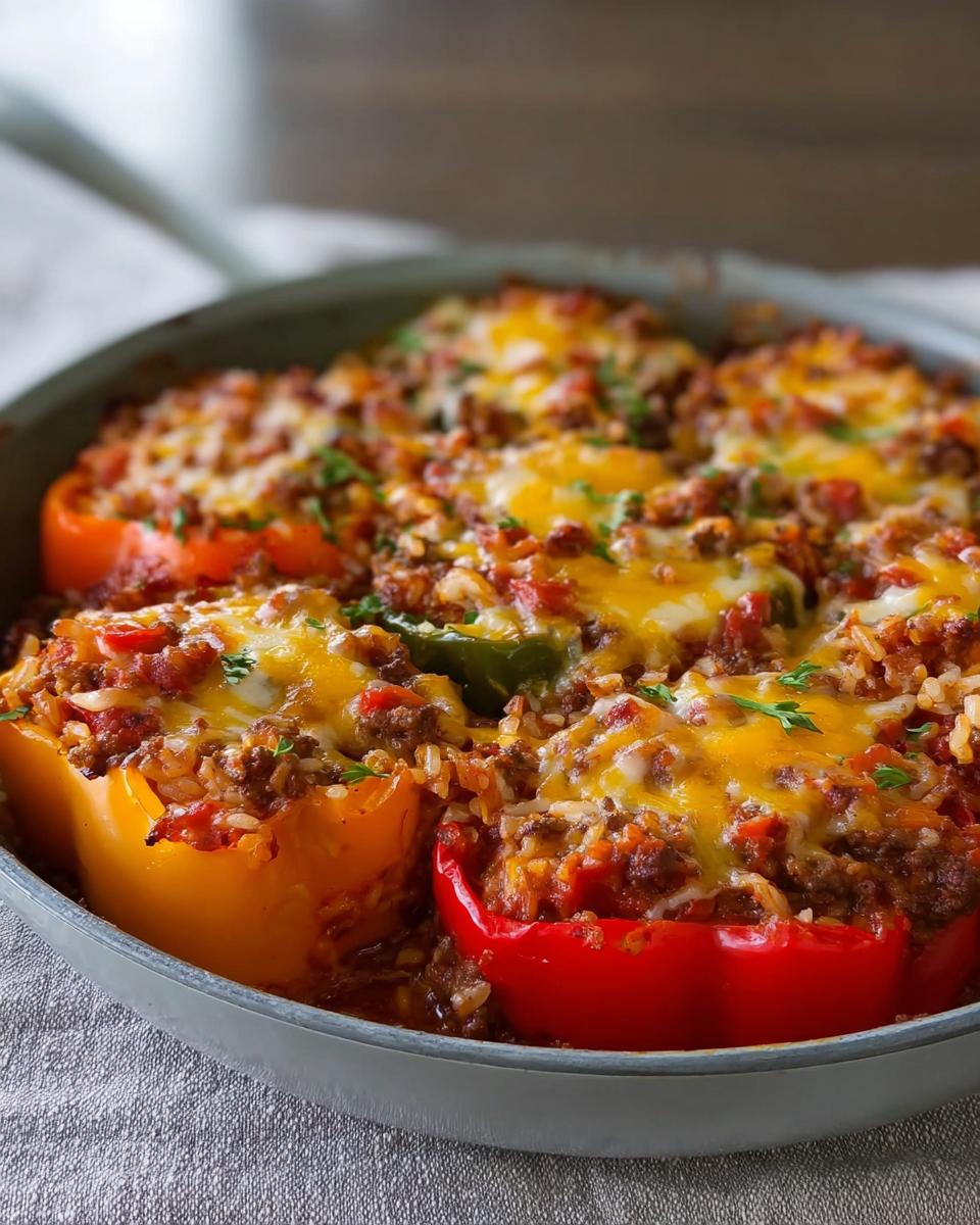 Close-up of baked Stuffed Pepper Casserole featuring colorful peppers filled with meat and rice, topped with melted cheddar cheese.