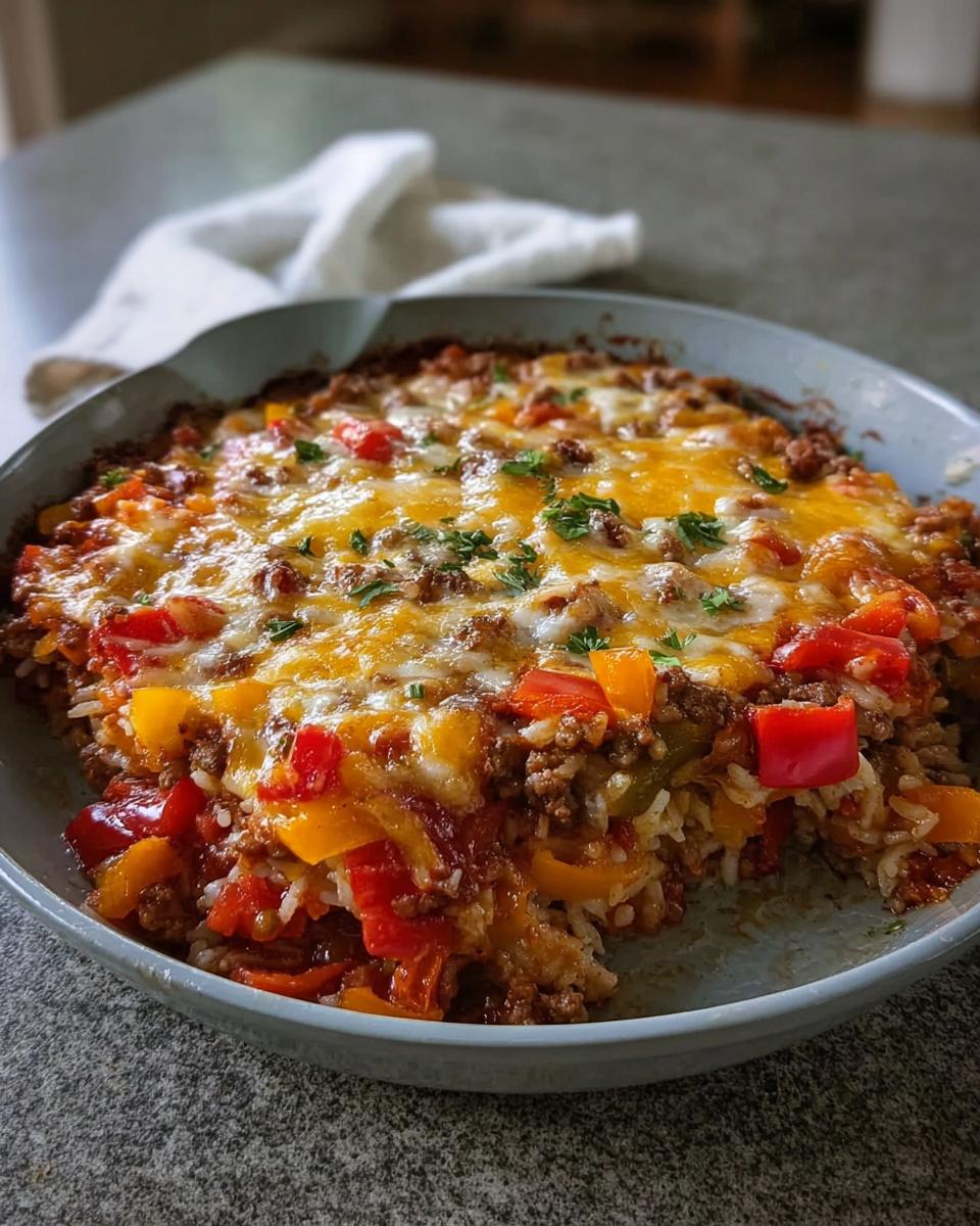 A close-up of a baked Stuffed Pepper Casserole topped with melted cheese and parsley.