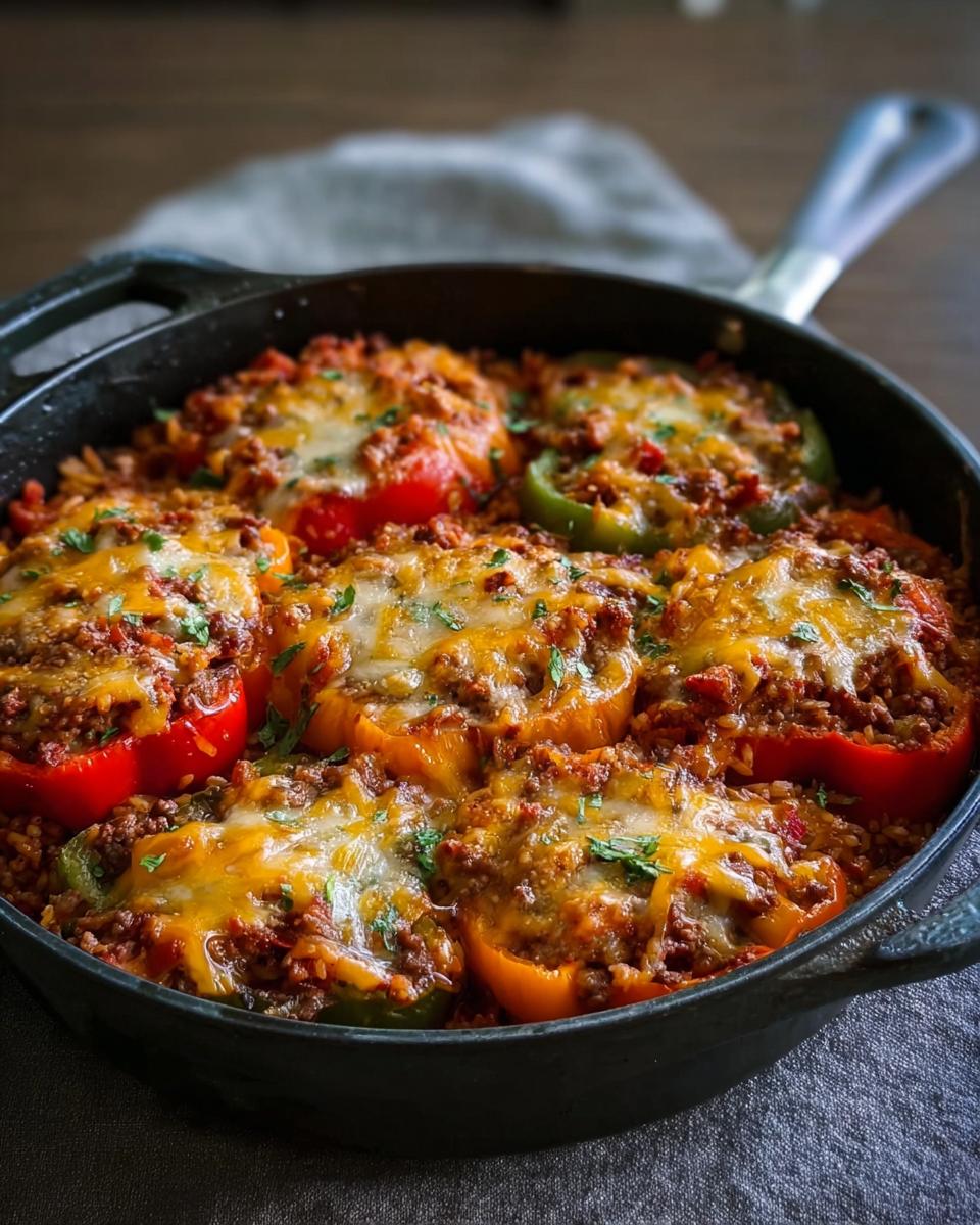 Close-up of a Stuffed Pepper Casserole in a cast iron skillet, topped with melted cheddar and parsley.
