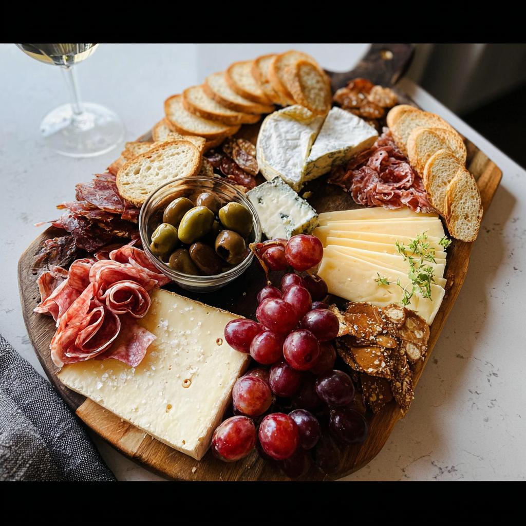 A beautifully arranged Cheese Board in 10 Minutes featuring cheeses, cured meats, grapes, olives, and crackers next to a glass of white wine.
