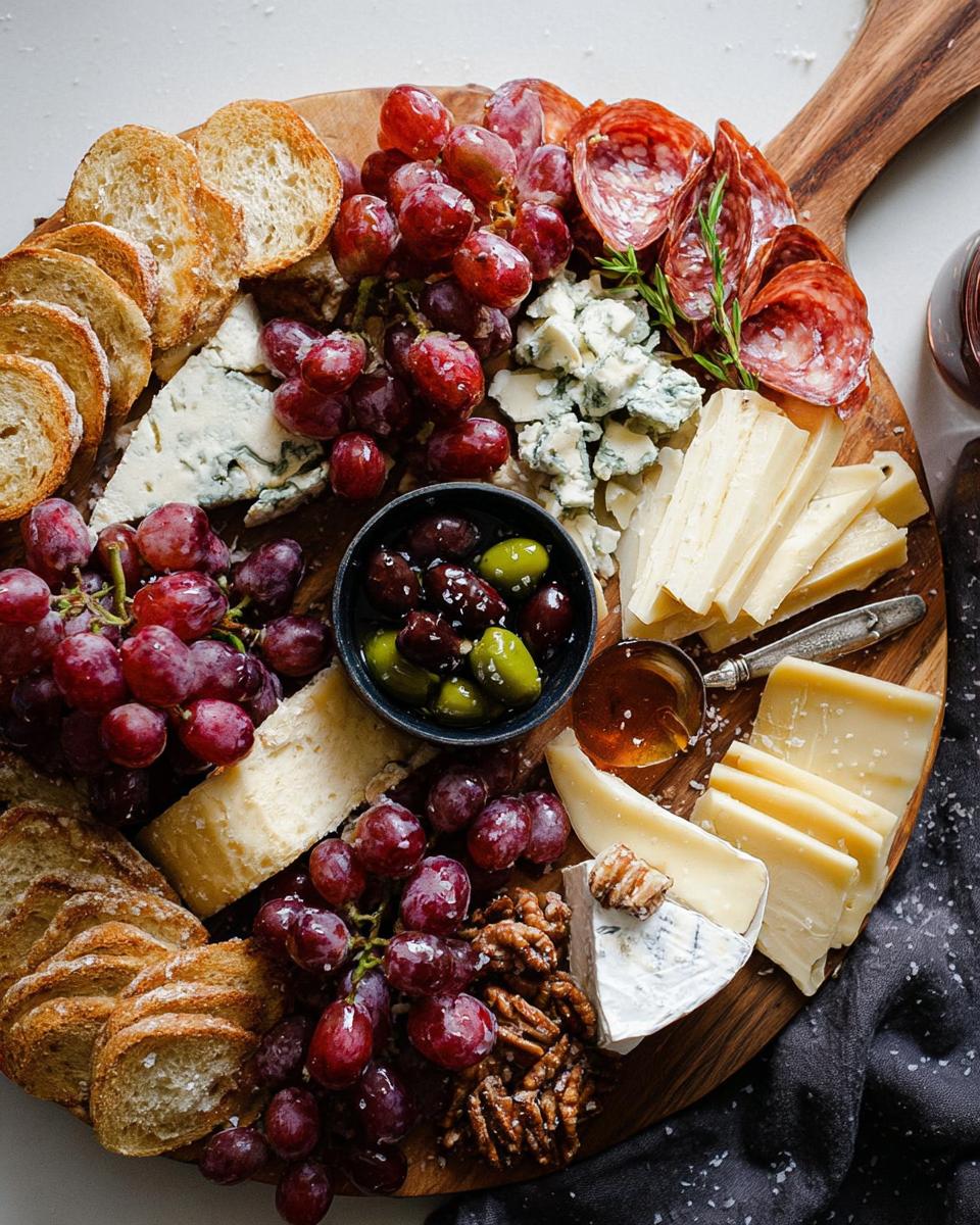 Overhead view of a stunning Cheese Board in 10 Minutes featuring grapes, salami, various cheeses, olives, and bread.