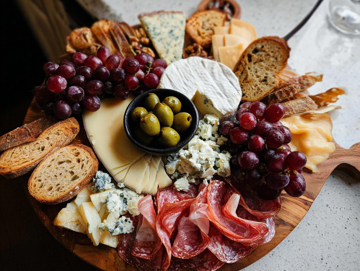 A fully assembled Cheese Board in 10 Minutes featuring grapes, salami, olives, brie, blue cheese, and toasted bread.