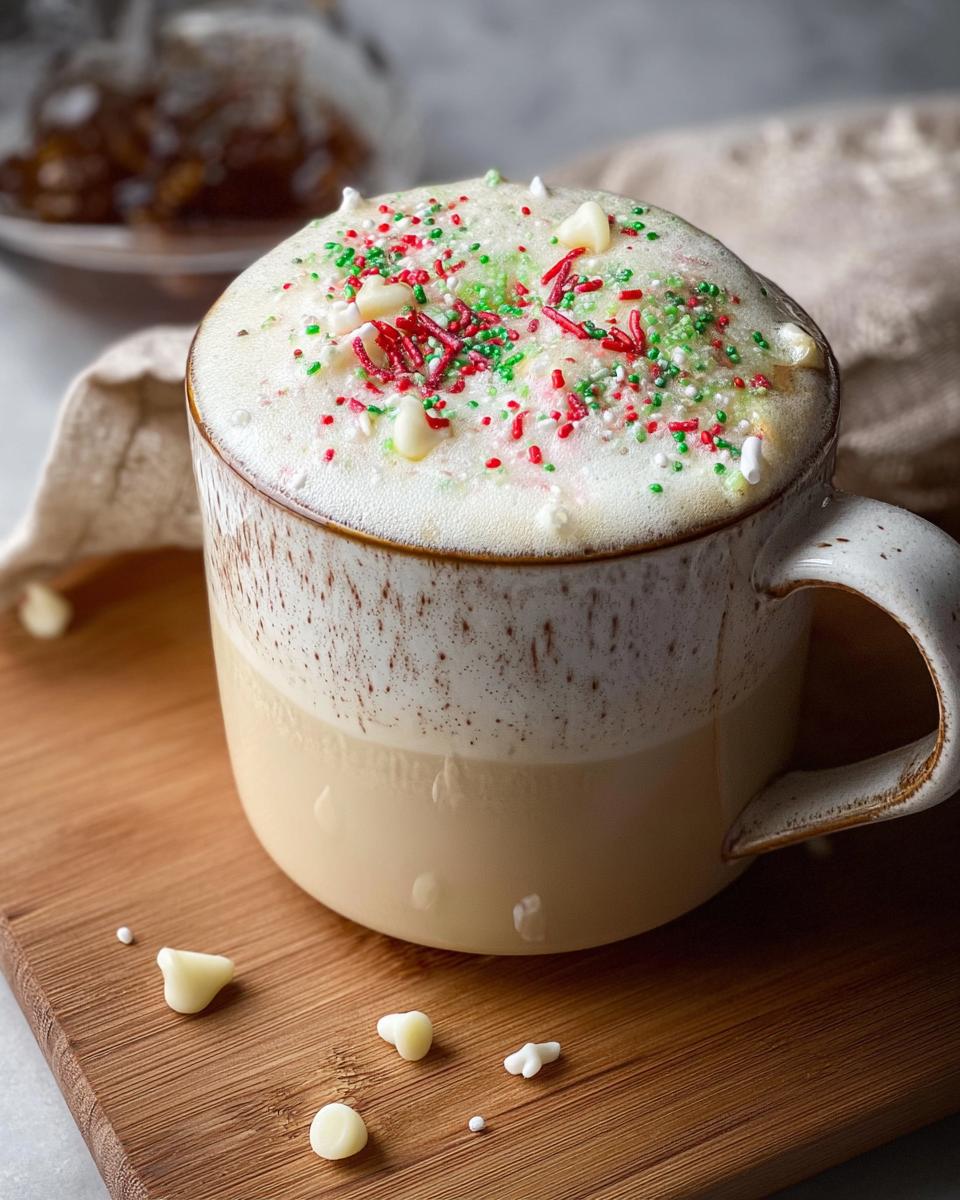 Close-up of a festive Sugar Cookie Latte at Home topped with thick foam, red and green sprinkles, and white chocolate chips.