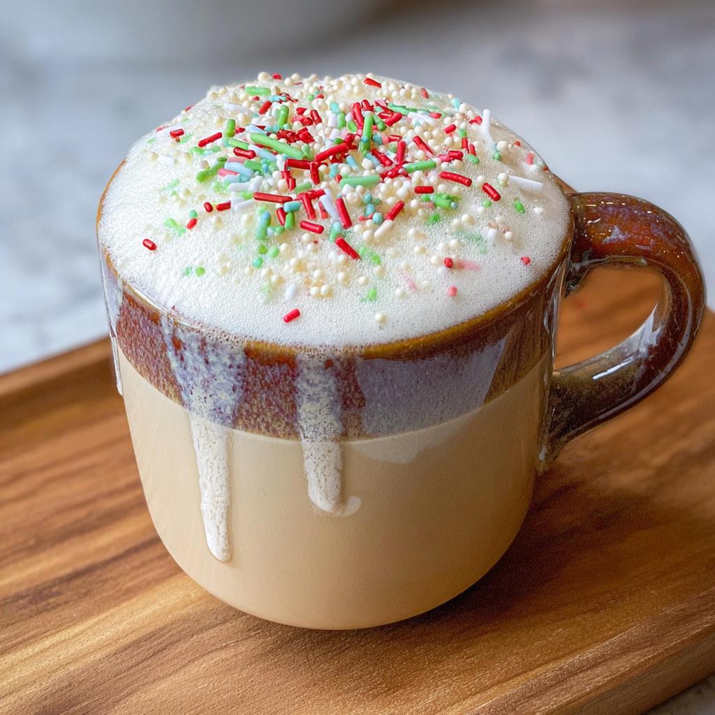 A festive Sugar Cookie Latte at Home topped with thick foam and red, green, and white holiday sprinkles.