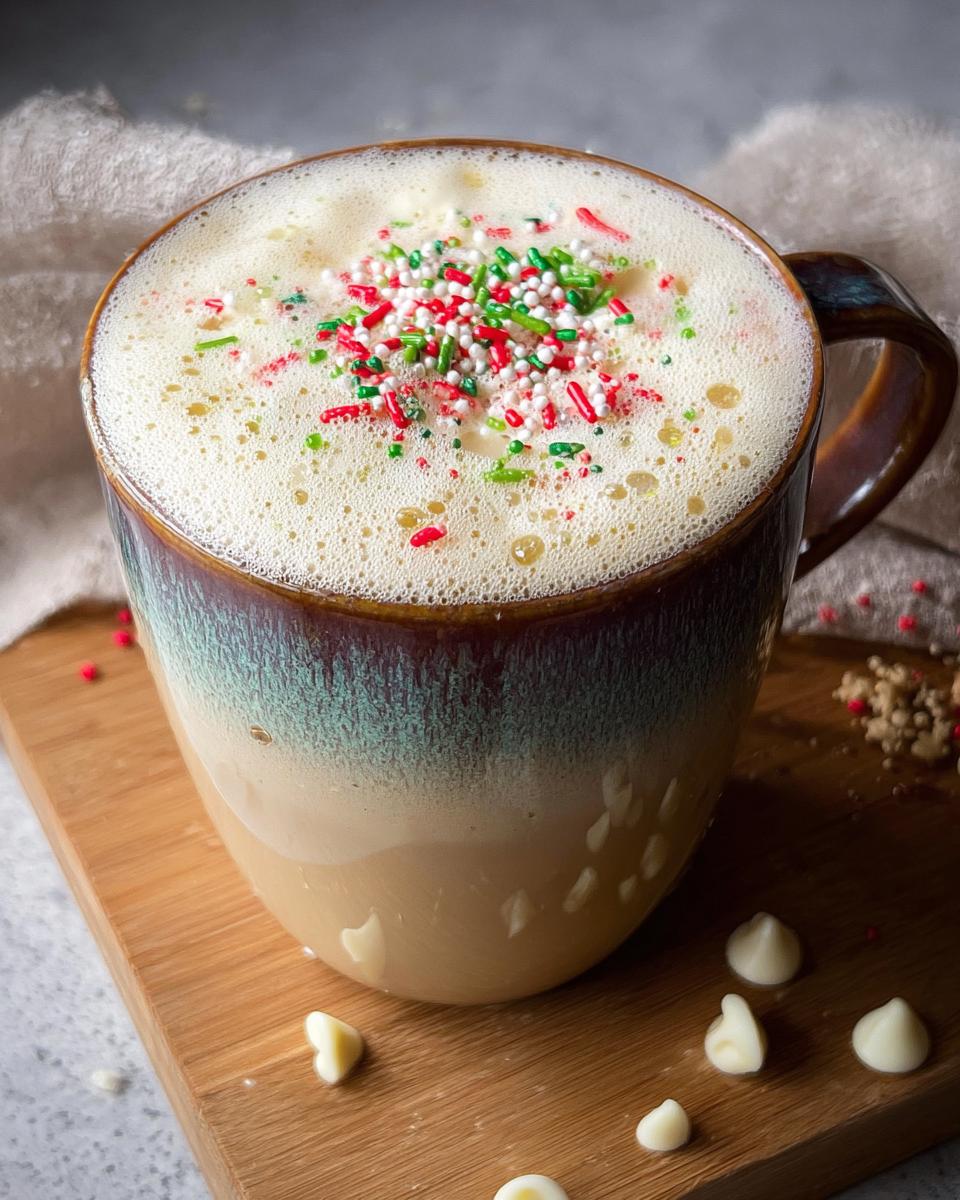 Close-up of a festive Sugar Cookie Latte at Home topped with thick foam and red, green, and white holiday sprinkles.