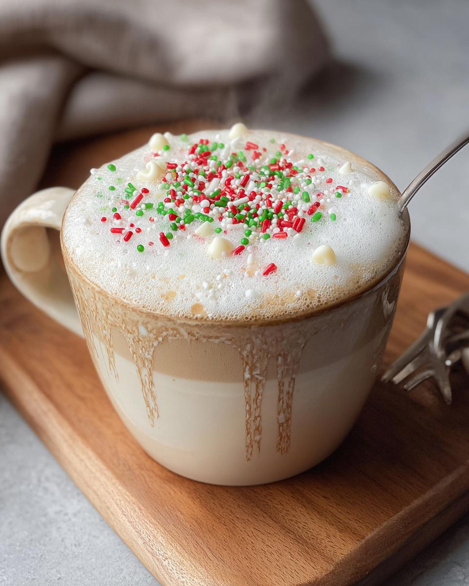 Close-up of a steaming Sugar Cookie Latte at Home topped with festive red, green, and white sprinkles.