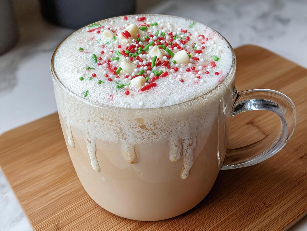 A clear glass mug filled with a creamy Sugar Cookie Latte at Home, topped with white foam and red, green, and white holiday sprinkles.