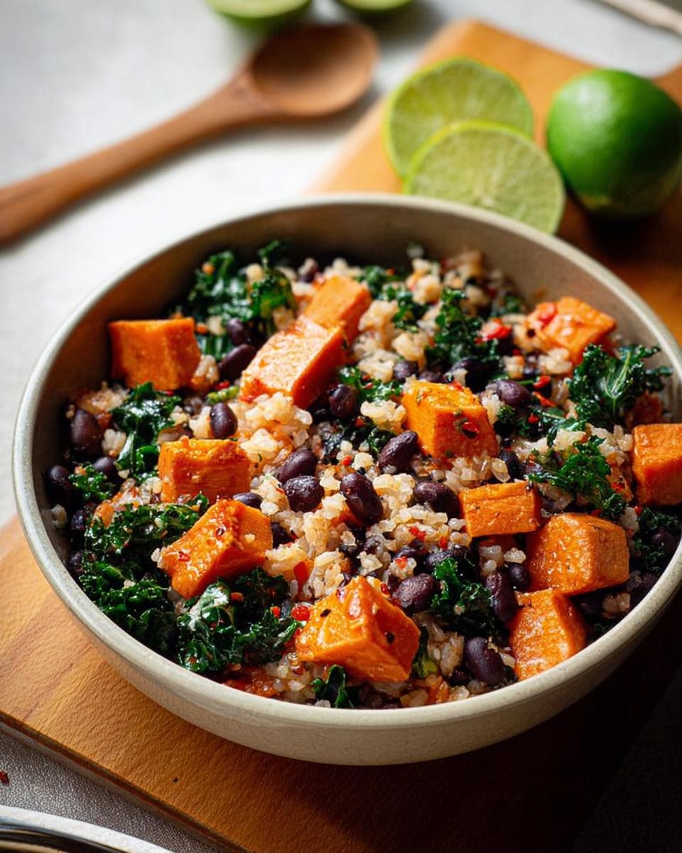 A vibrant bowl of sweet potato, black beans, and rice, perfect for easy dinner recipes for busy weeknights.
