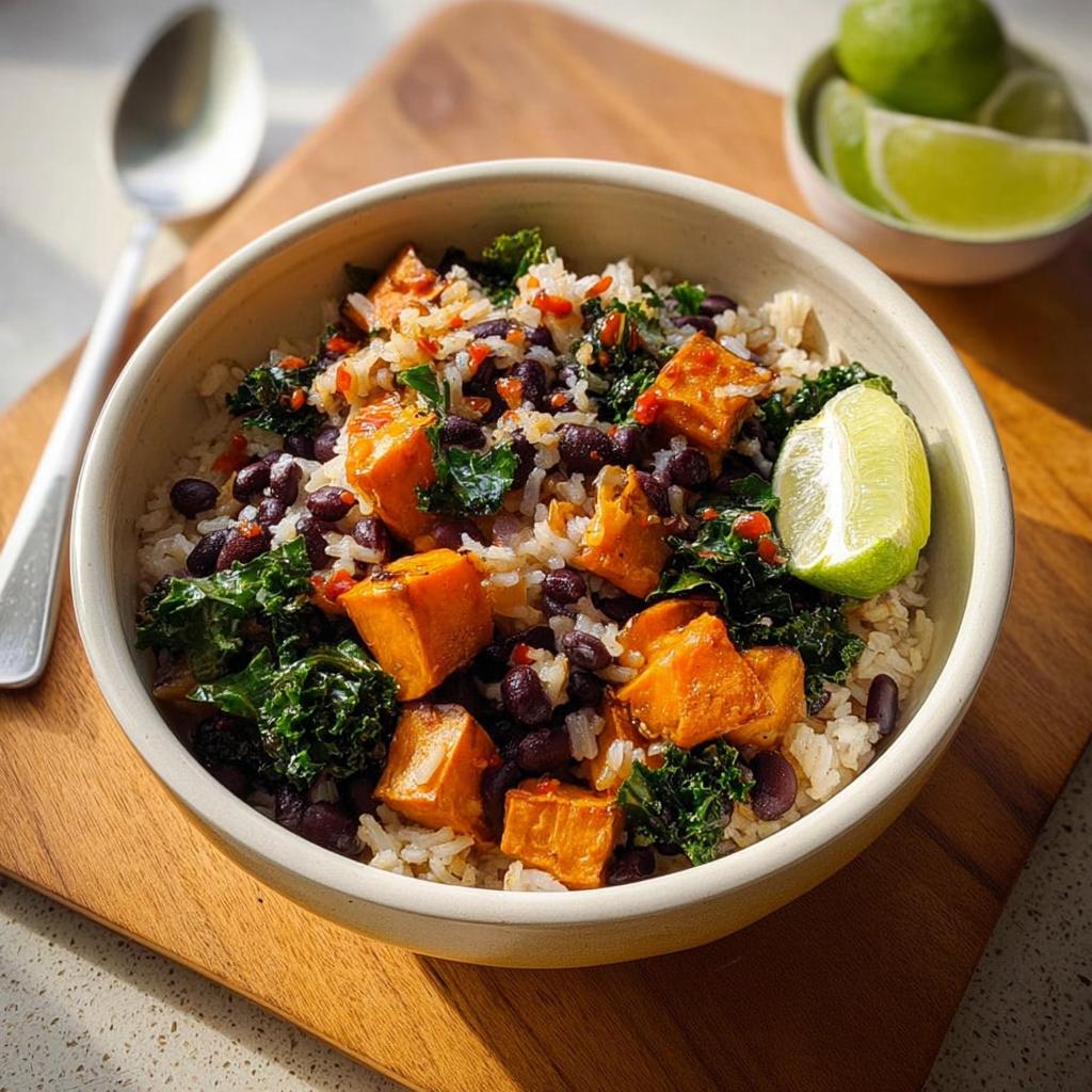 A vibrant bowl of rice topped with roasted sweet potato cubes, black beans, kale, and lime wedges, perfect for easy dinner recipes.