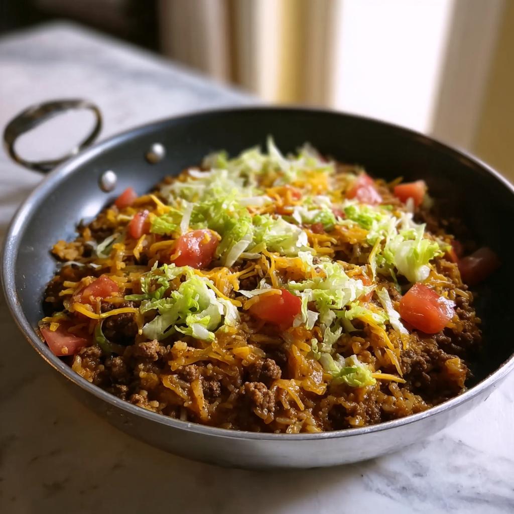 Close-up of a hearty Taco Skillet with seasoned ground beef, rice, topped with shredded cheese, lettuce, and diced tomatoes.