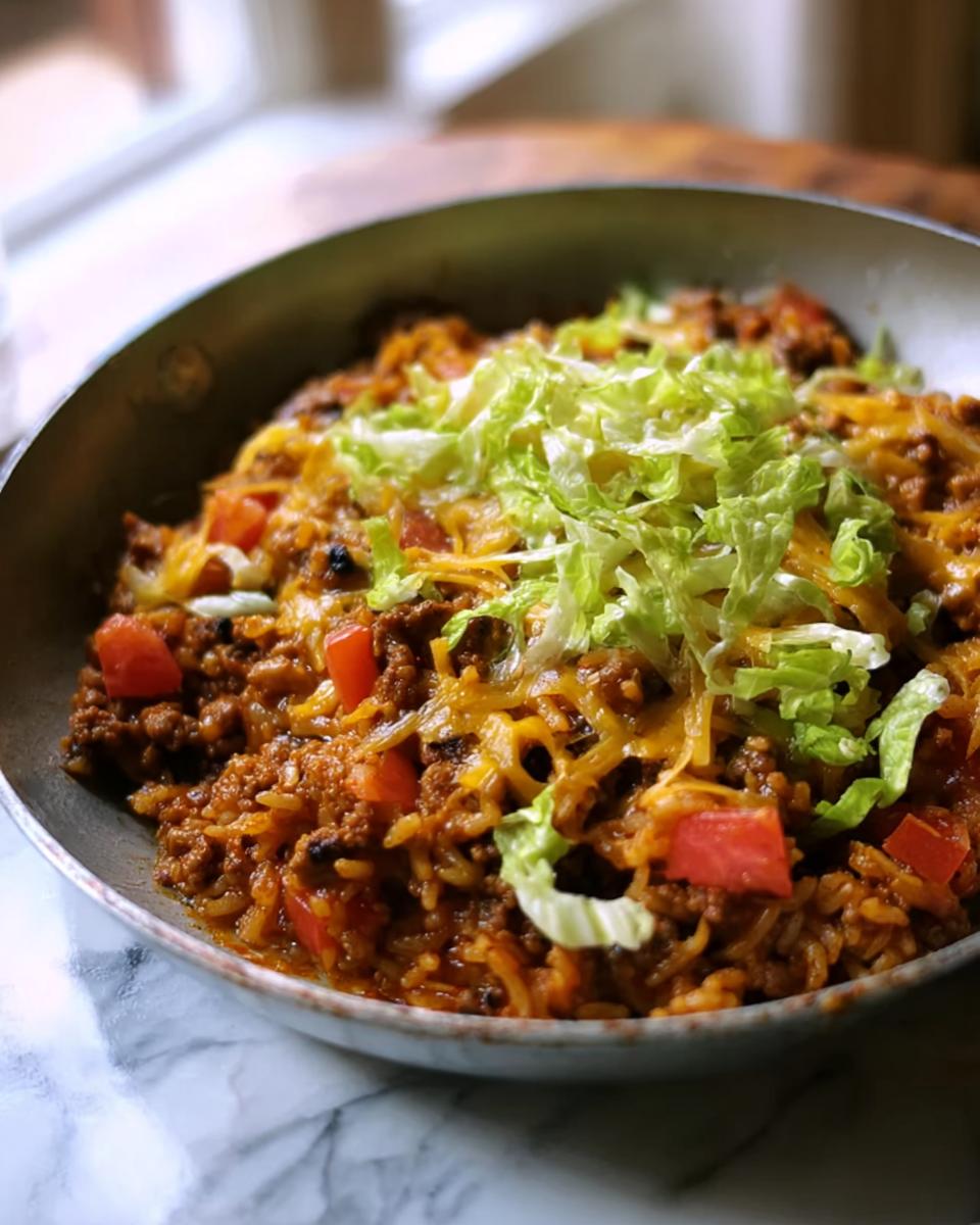 A close-up view of a hearty Taco Skillet mixture with ground beef, rice, melted cheese, and shredded lettuce topping.