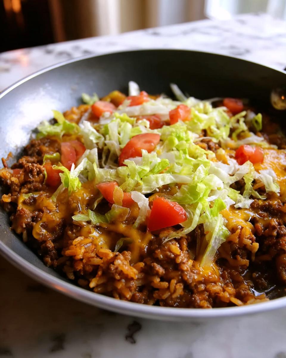 A close-up view of the finished Taco Skillet in a dark pan, topped with melted cheese, shredded lettuce, and diced tomatoes.