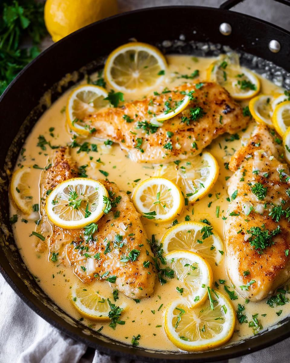 Three golden-brown chicken breasts simmering in a creamy sauce, garnished with lemon slices and parsley for the Tangy Creamy Lemon Chicken Recipe.