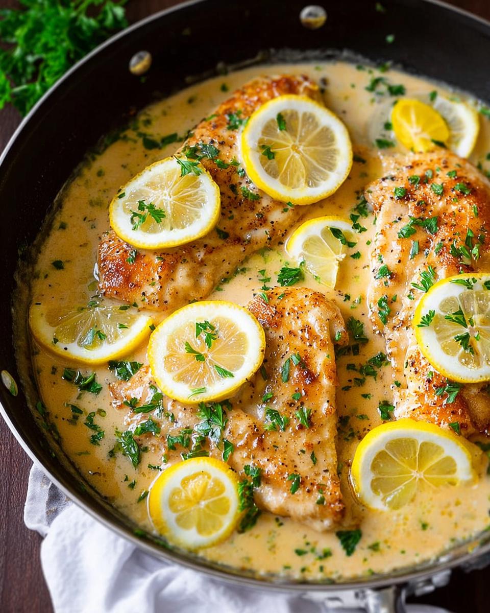 Two seared chicken breasts simmering in a creamy sauce, garnished with fresh lemon slices and parsley for the Tangy Creamy Lemon Chicken Recipe.