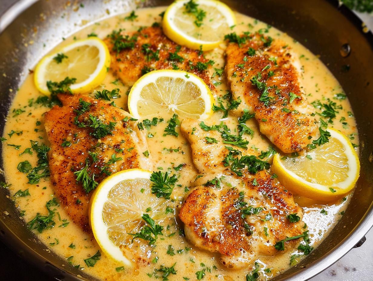 Close-up of seared chicken breasts simmering in a tangy creamy lemon sauce, garnished with fresh parsley and lemon slices.