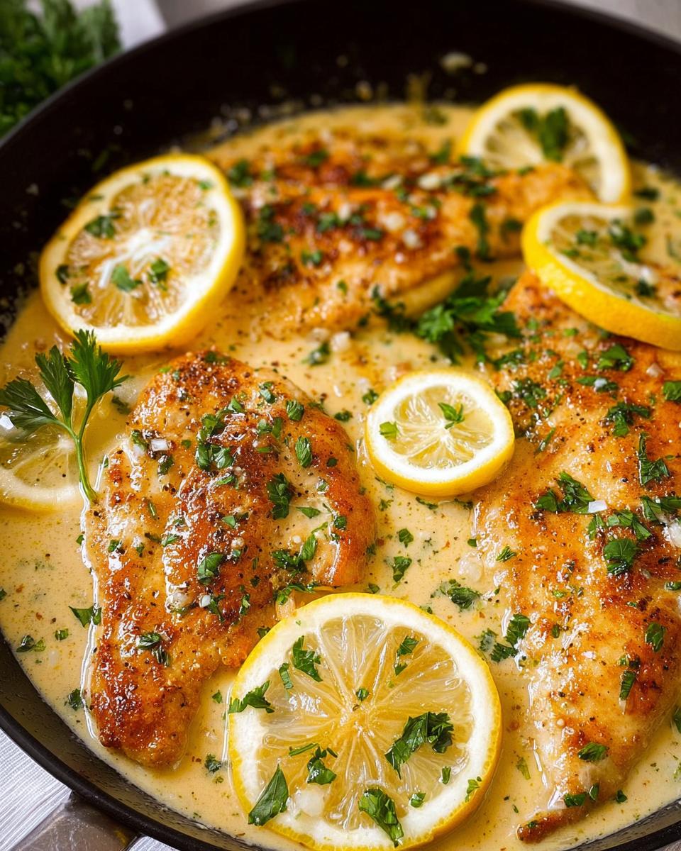 Close-up of seared chicken breasts in a creamy sauce, garnished with lemon slices and parsley for the Tangy Creamy Lemon Chicken Recipe.