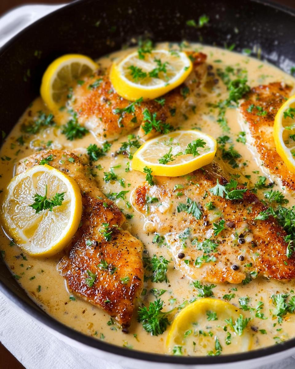 Close-up of seared chicken breasts simmering in a creamy sauce, garnished with lemon slices and parsley for Tangy Creamy Lemon Chicken Recipe.