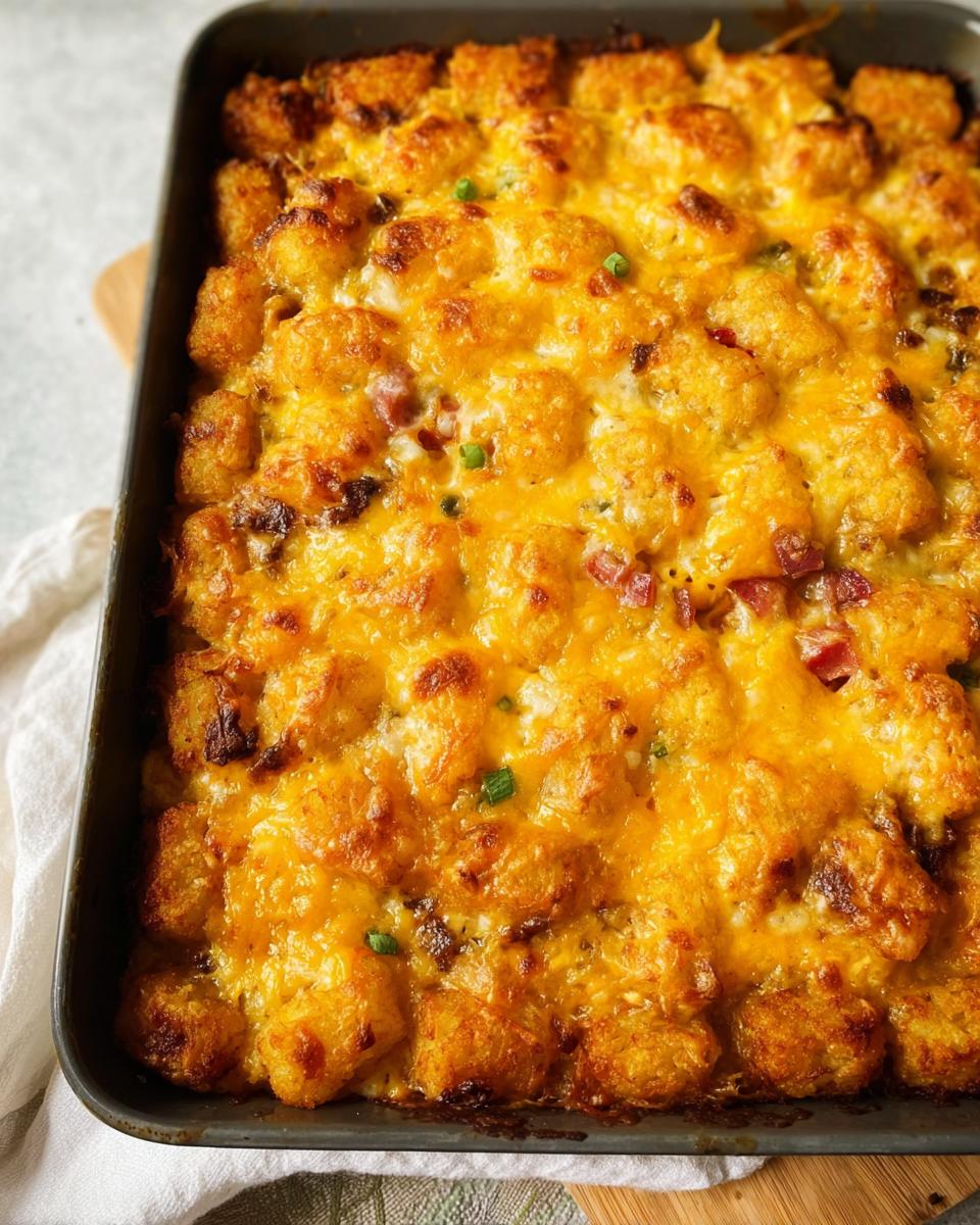 Close-up of a baked Tater Tot Breakfast Casserole with a golden, crispy top layer of melted cheddar cheese.