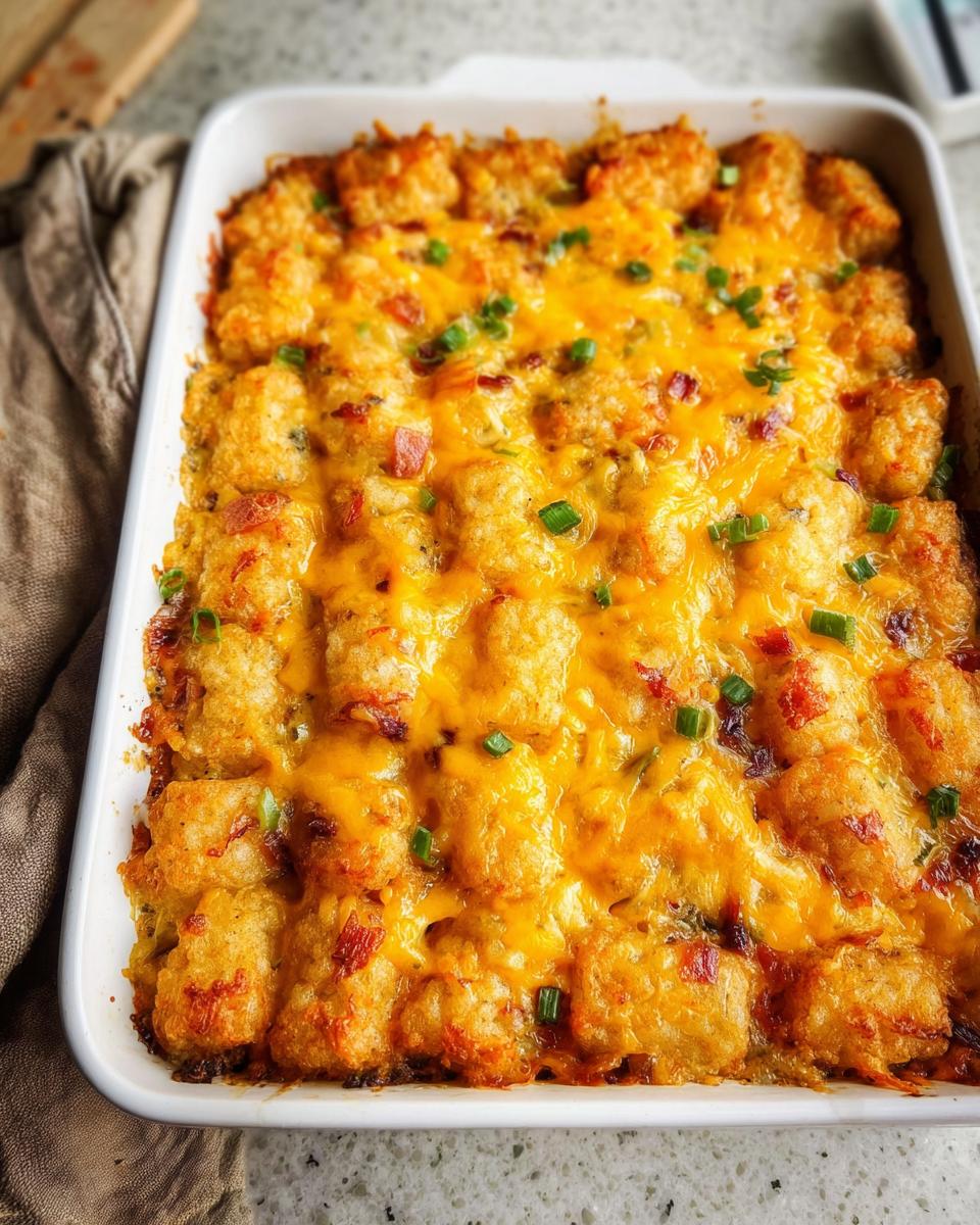 A freshly baked Tater Tot Breakfast Casserole with a crispy top layer, covered in melted cheddar cheese and green onions.