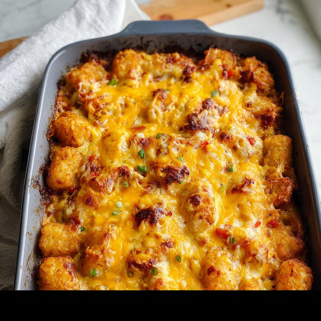 A baked Tater Tot Breakfast Casserole with a crispy top layer of melted cheddar cheese.