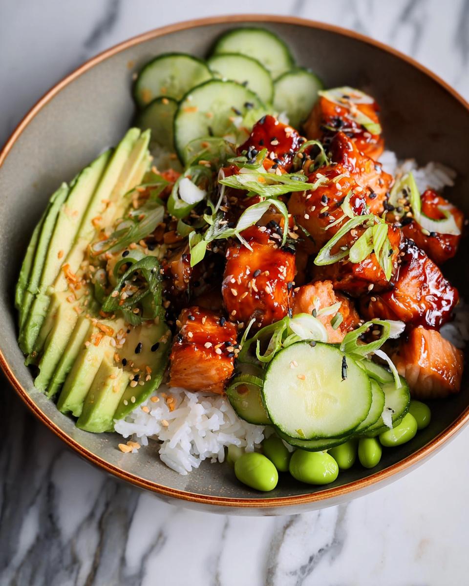 Close-up of a Teriyaki Salmon Bowls featuring glazed salmon cubes over rice, topped with avocado, cucumber, and green onions.