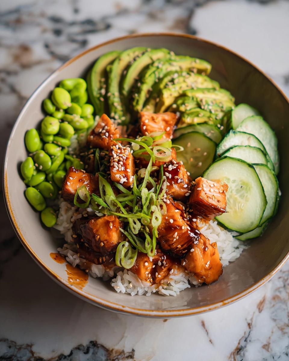 Close-up of a Teriyaki Salmon Bowls featuring glazed salmon cubes over rice, topped with avocado, cucumber, and edamame.