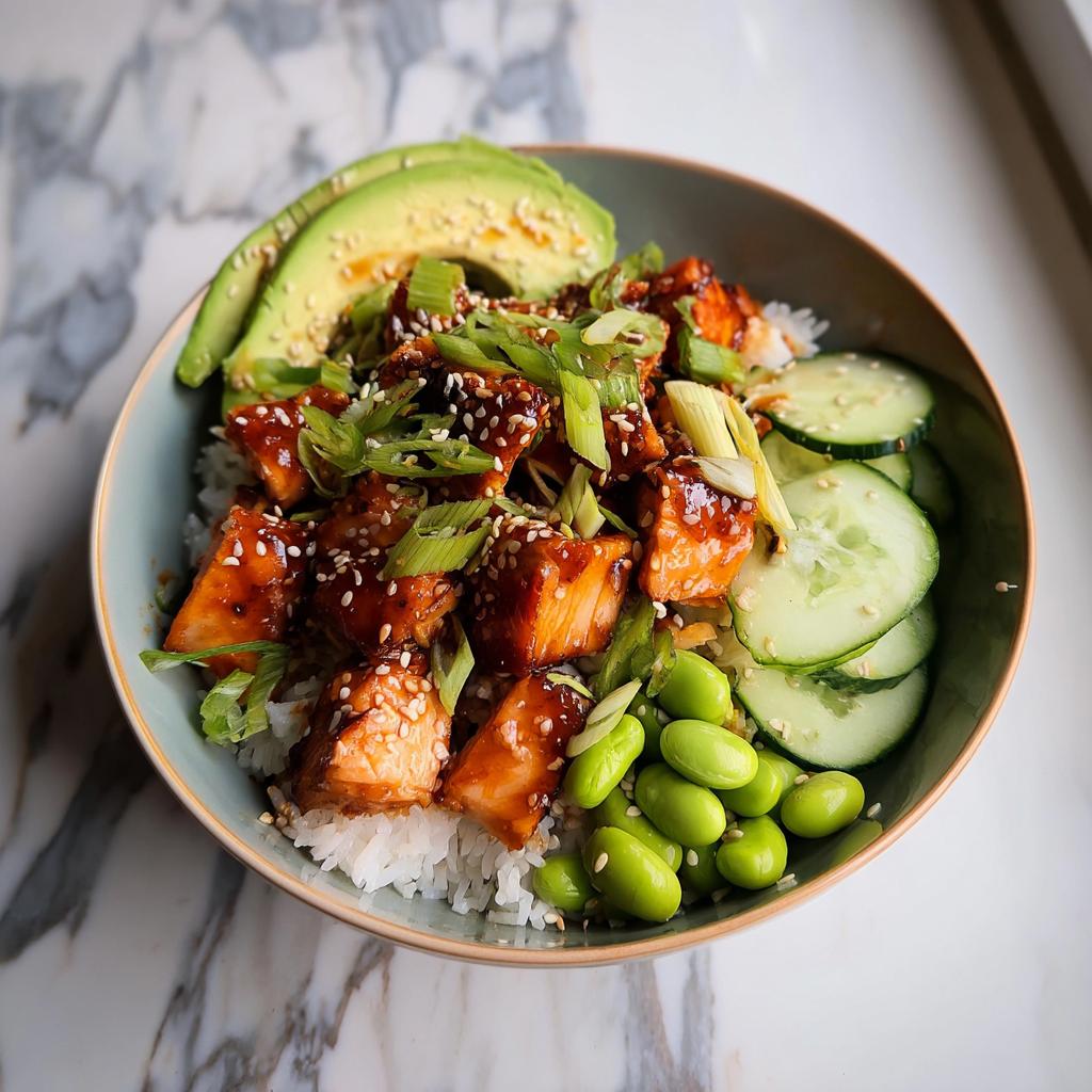 A close-up of Teriyaki Salmon Bowls featuring glazed salmon chunks over rice with avocado, cucumber, and edamame.