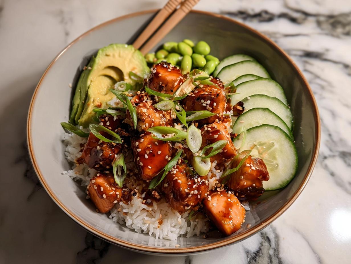 Close-up of Teriyaki Salmon Bowls featuring glazed salmon pieces over rice with avocado, cucumber, and edamame.