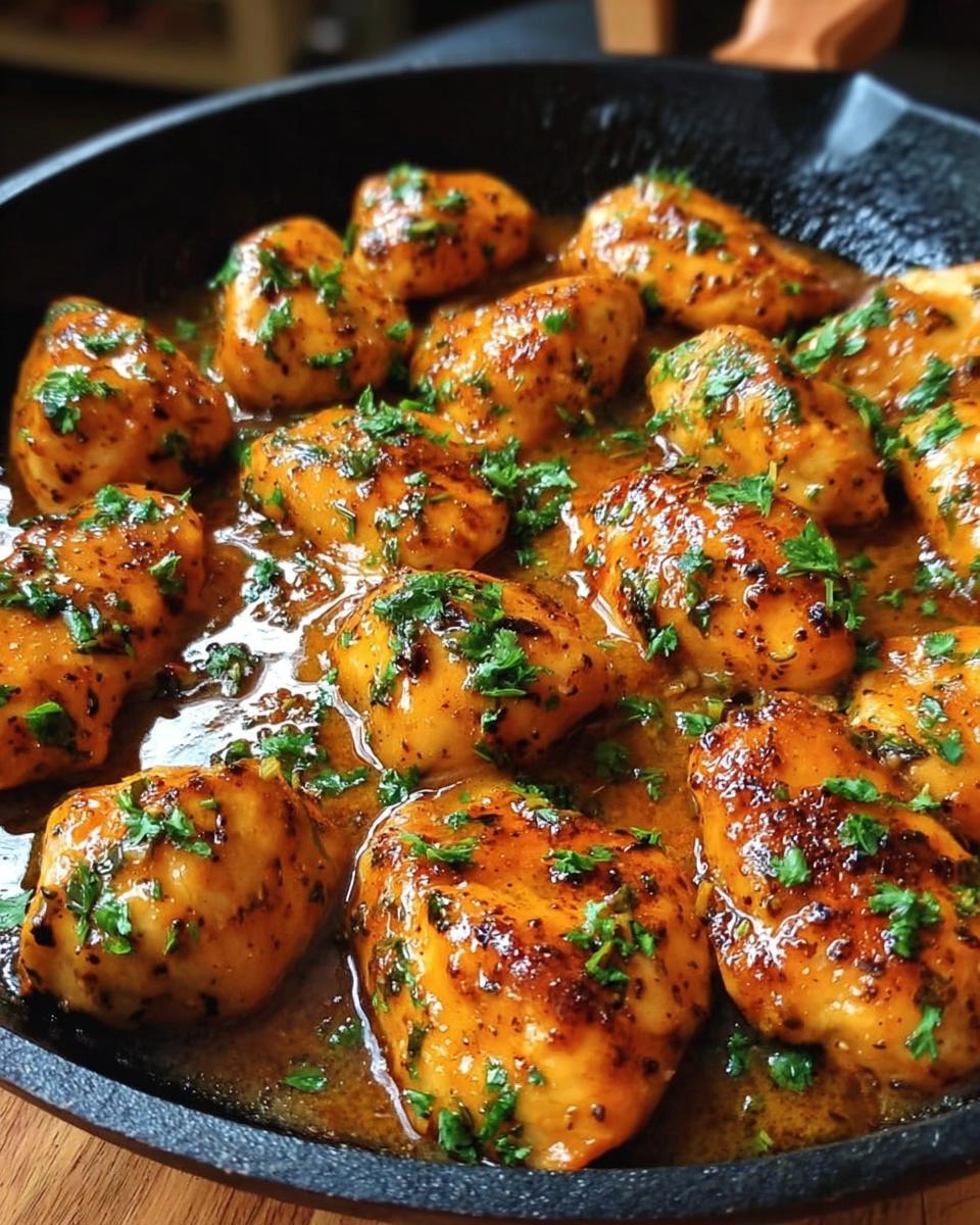 Close-up of juicy chicken pieces coated in a rich, orange-hued sauce, garnished with parsley, ready for Texas Roadhouse Butter Chicken Skillet.
