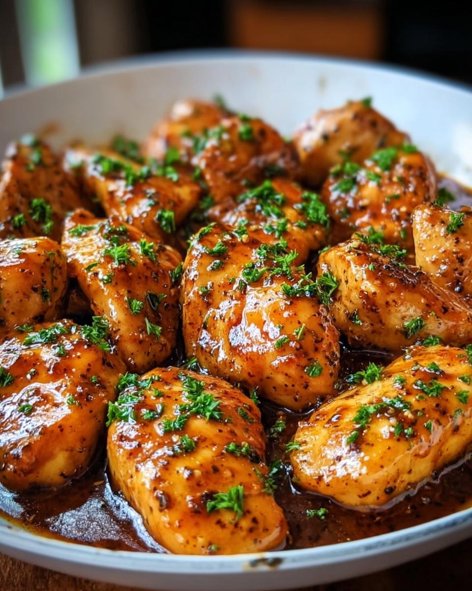 Close-up of juicy chicken breasts coated in a rich, dark glaze, garnished with fresh parsley, ready for the Texas Roadhouse Butter Chicken Skillet.