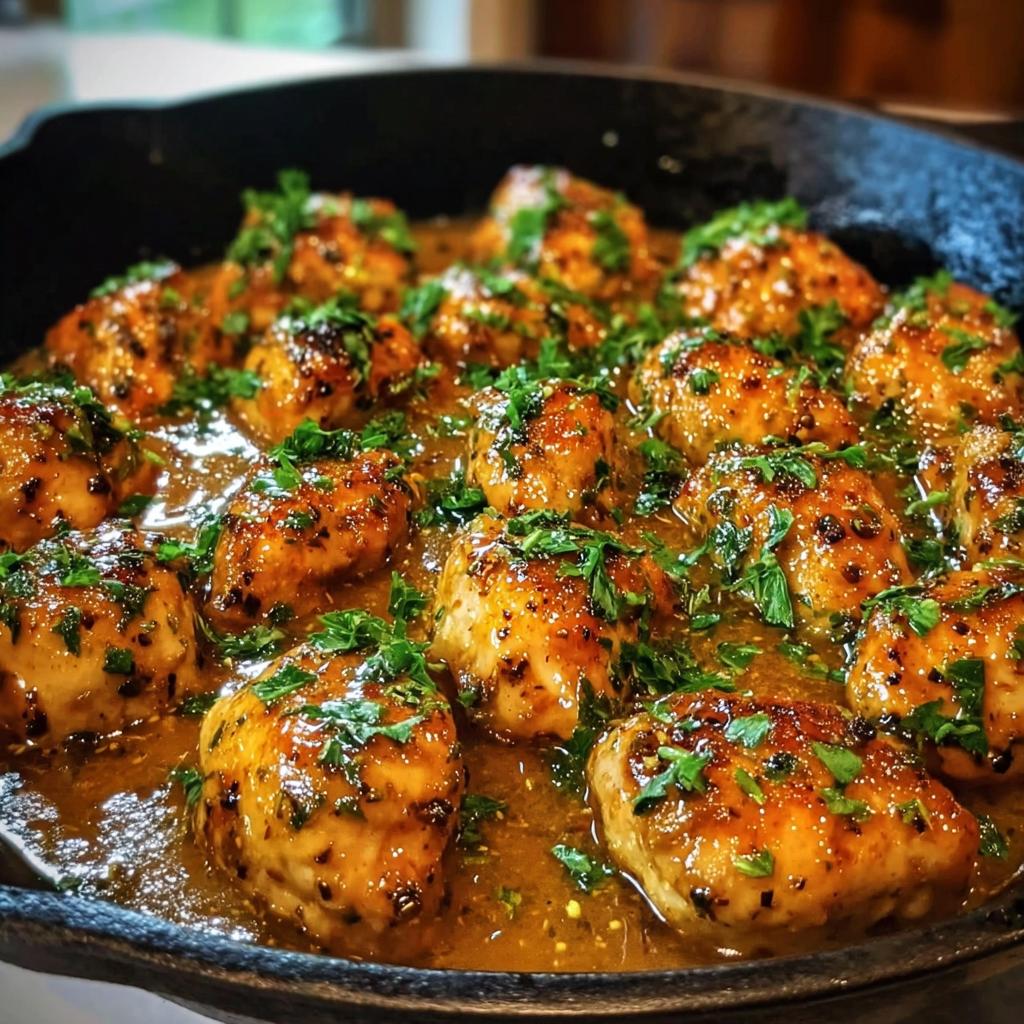 Close-up of tender chicken pieces simmering in a rich sauce in a cast iron pan for Texas Roadhouse Butter Chicken Skillet.