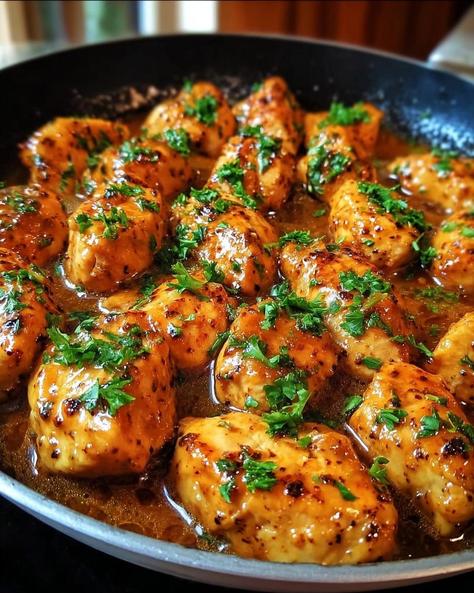 Close-up of tender chicken pieces simmering in a rich sauce, garnished with fresh parsley, ready for the Texas Roadhouse Butter Chicken Skillet.