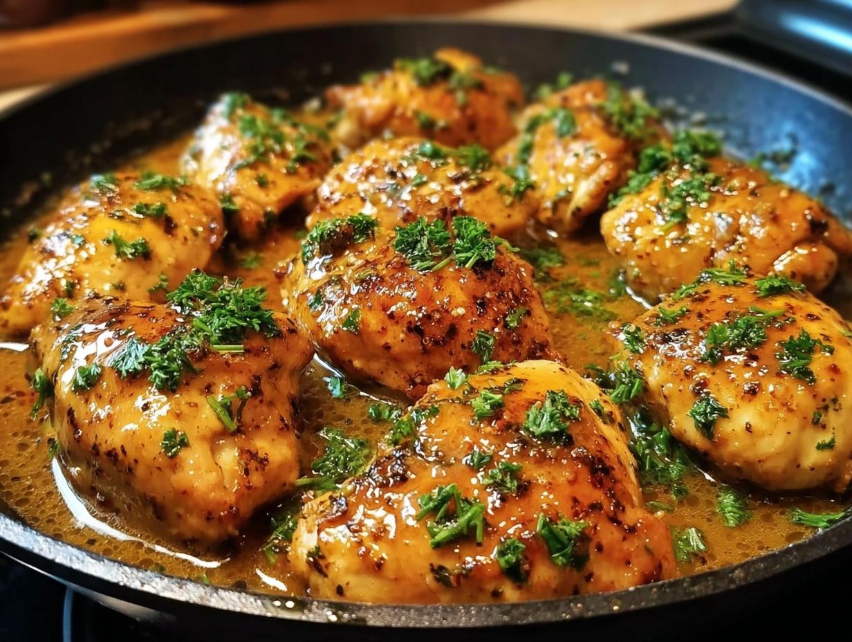 Close-up of juicy chicken pieces simmering in a rich sauce in a skillet, making the Texas Roadhouse Butter Chicken Skillet.