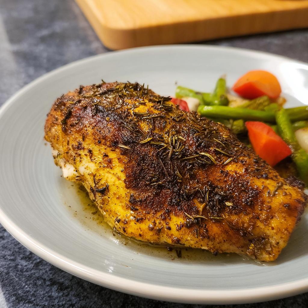 A close-up of a golden-brown, herb-crusted chicken breast, resembling Texas Roadhouse Chicken, served with green beans and carrots.