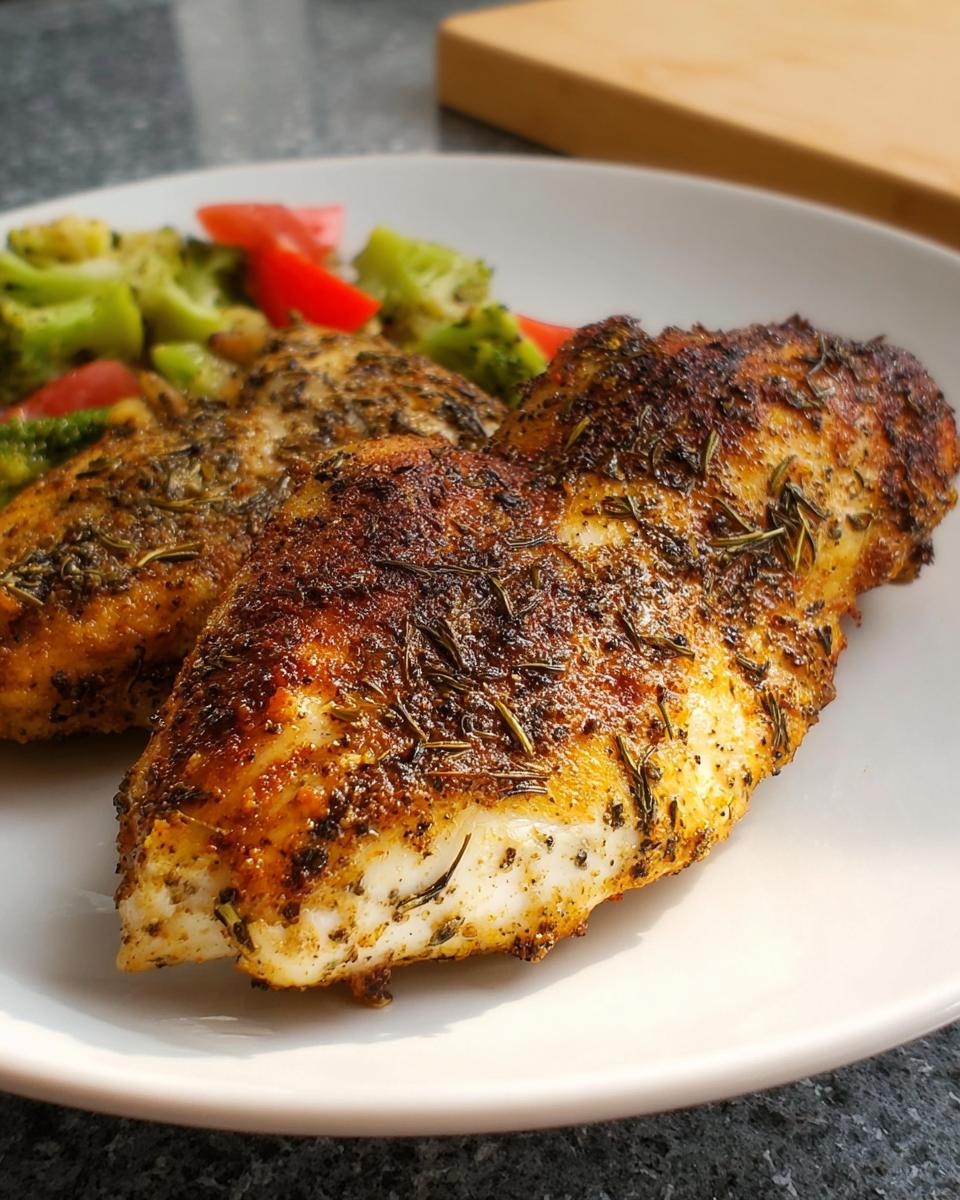 Two seasoned chicken breasts seasoned with herbs, served with steamed broccoli and tomatoes, ready to make the best Texas Roadhouse Chicken at home.