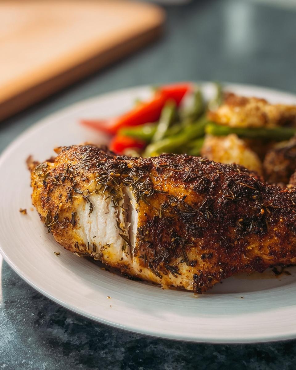 Close-up of a perfectly cooked chicken breast seasoned with herbs, showing the moist white interior, served with vegetables.