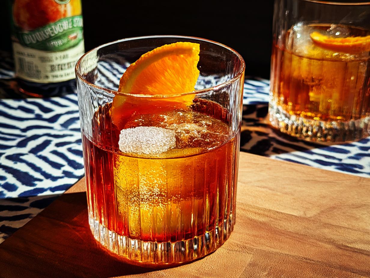 A festive Thanksgiving cocktail with amber liquid, ice, an orange slice, and a sugar cube in a glass.
