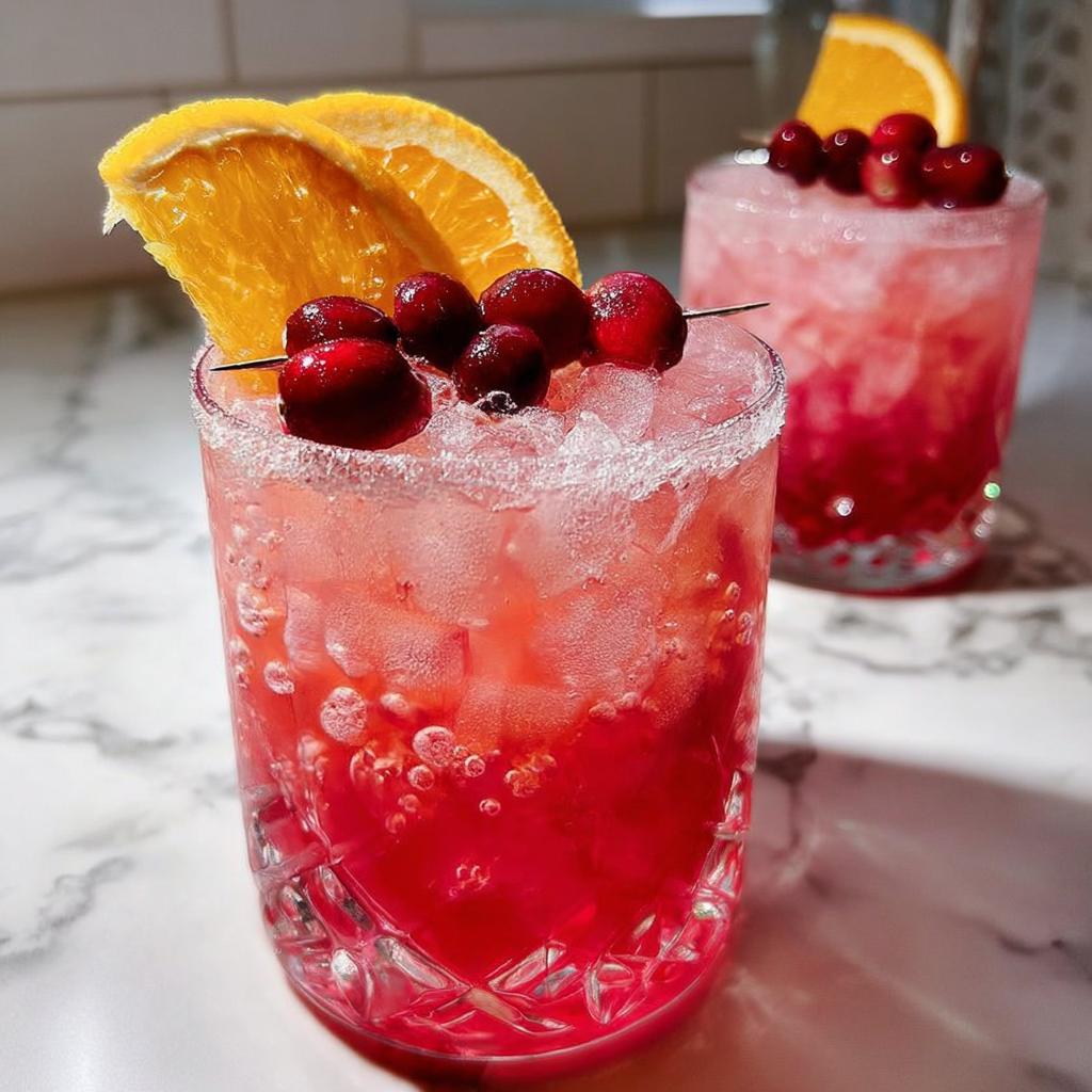 Close-up of a festive cranberry orange cocktail, garnished with fresh cranberries and orange slices, perfect for Thanksgiving.