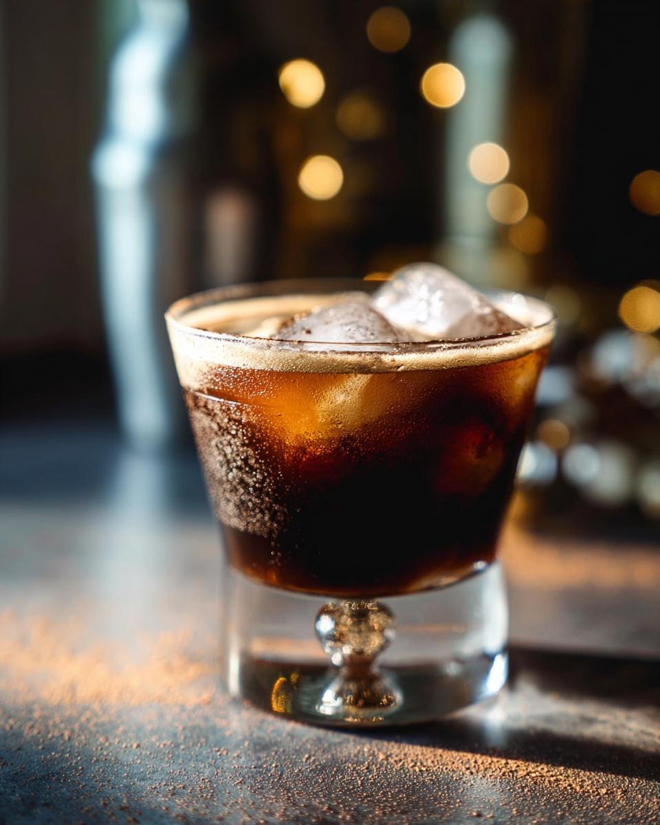 A close-up of a dark, bubbly Thanksgiving drink with ice cubes in a glass, perfect for the holiday season.
