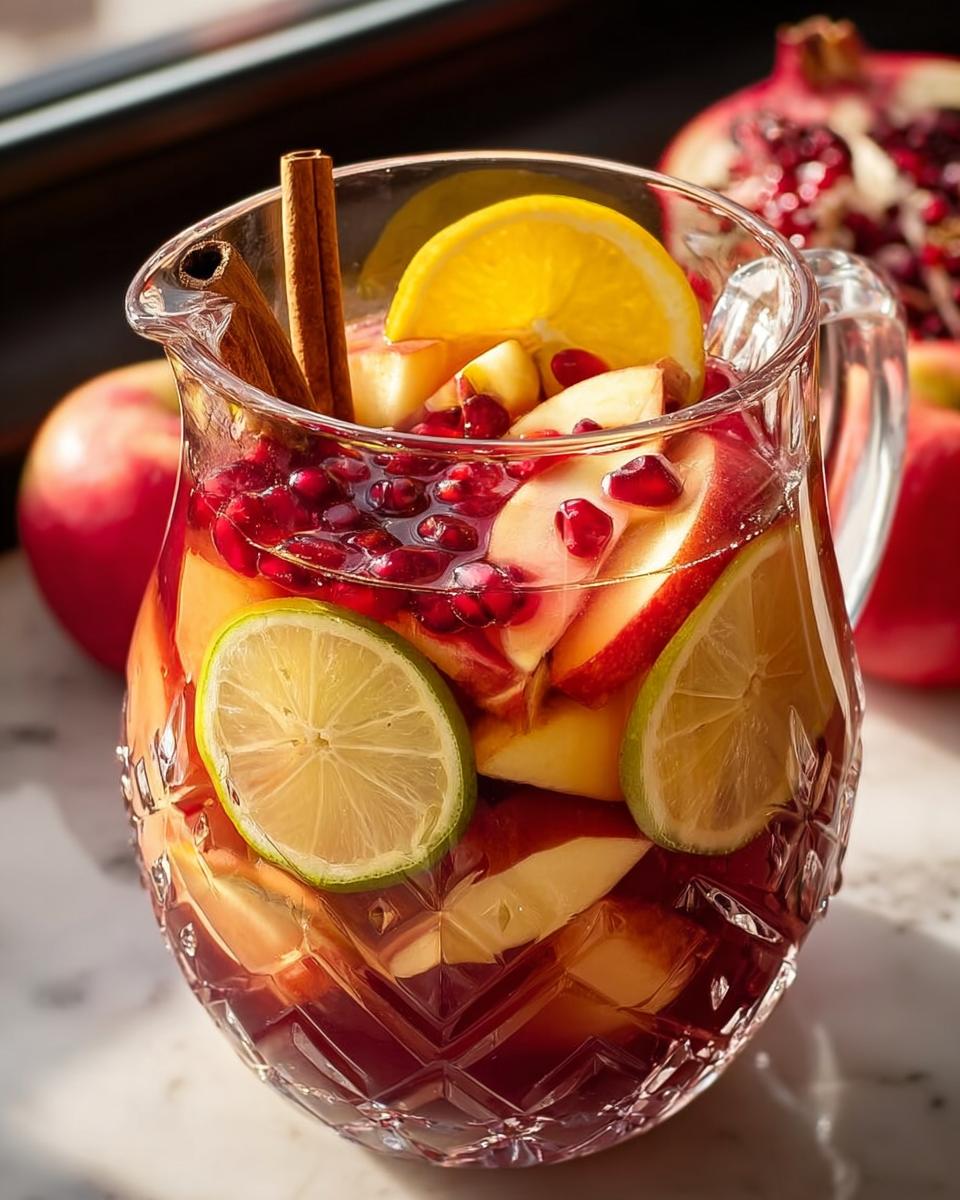 A crystal pitcher filled with a vibrant Thanksgiving drink, featuring apples, pomegranate seeds, oranges, limes, and cinnamon sticks.